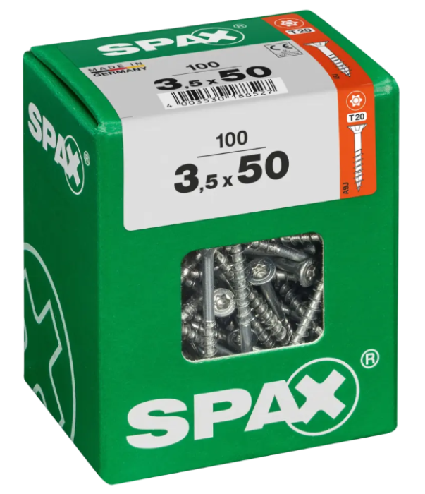 SPAX Universalschraube, 3,5 x 50 mm, 100 Stück, Teilgewinde, Senkkopf, T-STAR plus T20, 4CUT, WIROX, 4191010350517